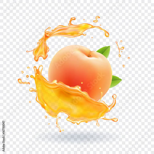 Peach juice. Realistic fresh fruit splash of juice Vector illustration