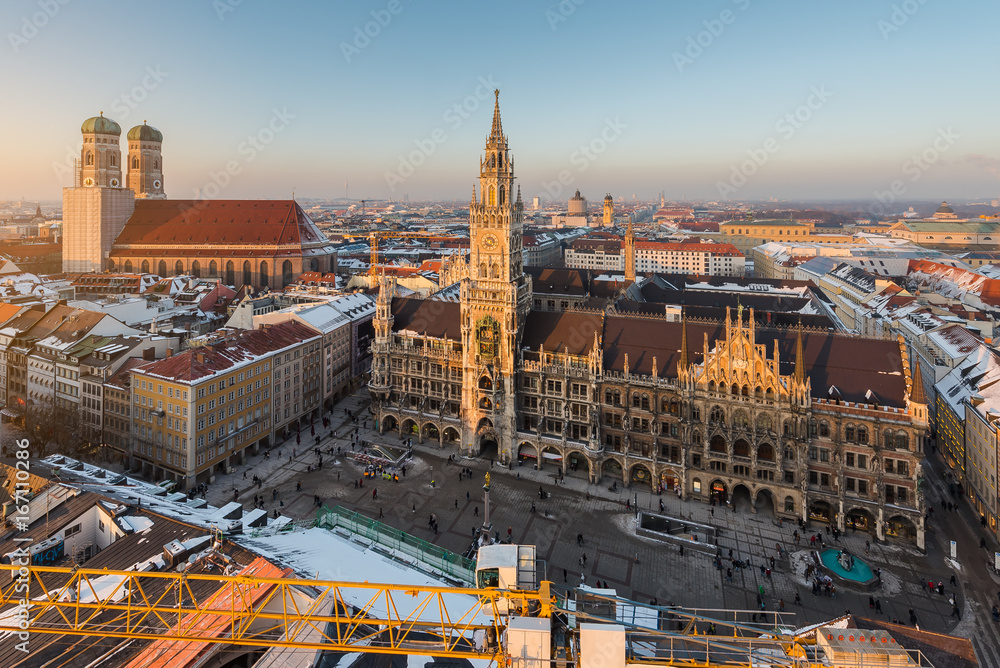 Aerial view on Munich old town hall or Marienplatz town hall and Frauenkirche in Munich - obrazy, fototapety, plakaty 
