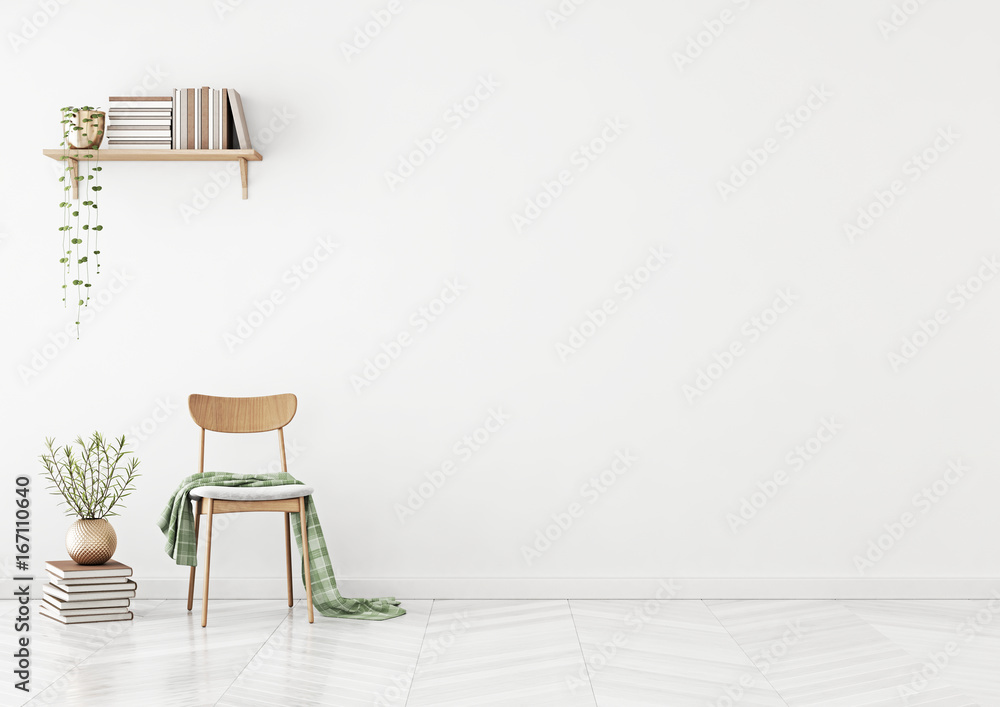Empty wall mock up with chair, shelf with books and plant in vase in clean white living room interior. 3D rendering. - obrazy, fototapety, plakaty 