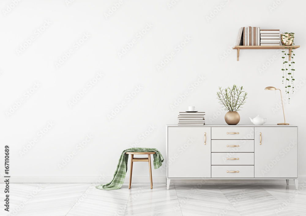 Clean living room interior with chest of drawers, stool, plaid and shelf  with books on white wall background. 3D rendering. Illustration Stock |  Adobe Stock