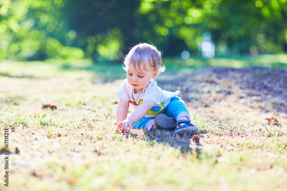 Happy baby boy playing in summer park Happy baby boy playing in summer park