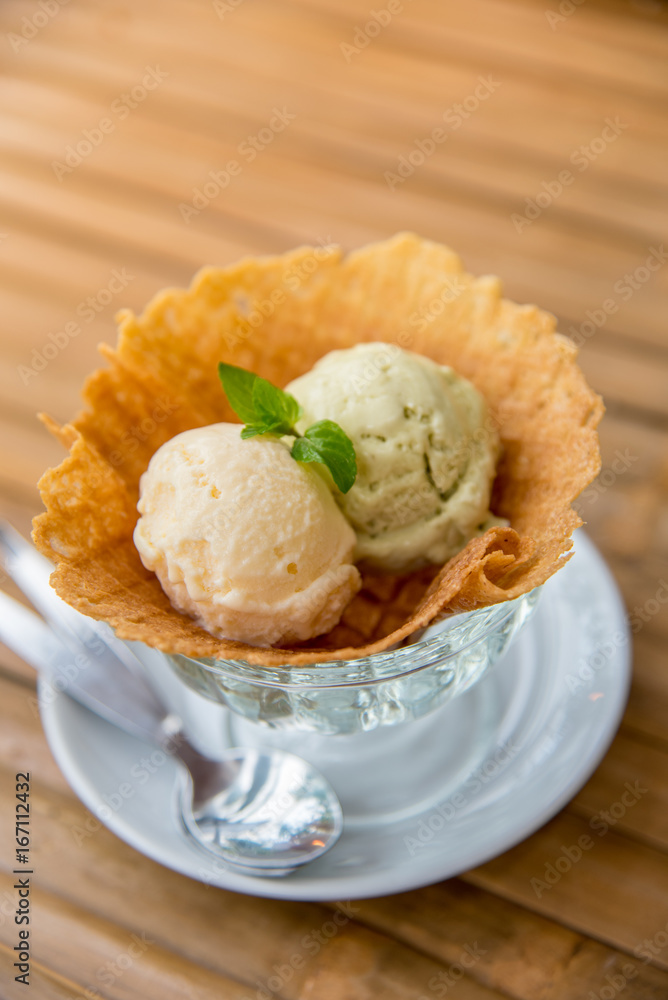 Dessert, Ice cream in glass, Vanilla and avocado taste. Dessert, Ice cream in glass, Vanilla and avocado taste.