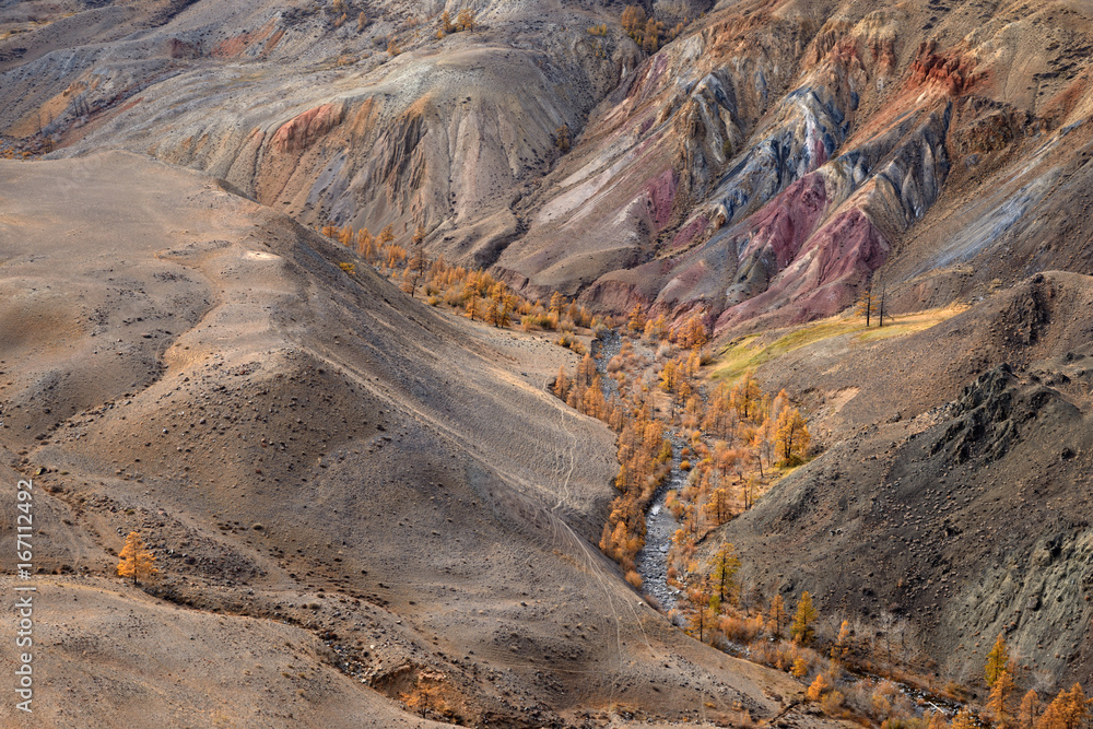 Kyzyl-Chin Valley,Altai Mountains,Russia.Colored Rocks Kyzyl-Chin (Other Name Is Mars).Picturesque Martian Landscape From Multi-Colored Clays.Deposit Of Colorful Clay In Altai Mountains Or Mars Valley