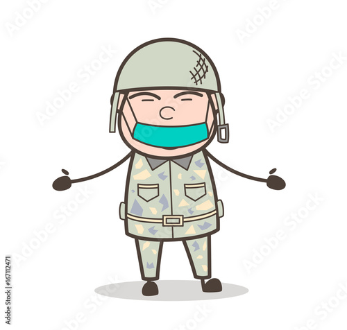 Cartoon Army Man with Pollution Face Mask Vector Illustration