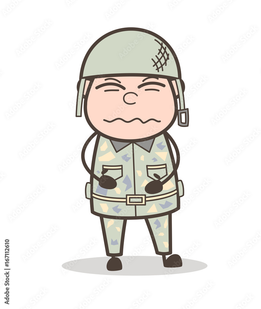 Cartoon Army Man Having Pain in Stomach Vector Illustration