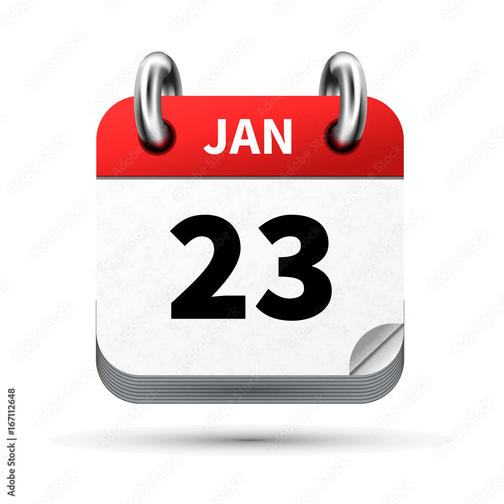 Bright realistic icon of calendar with 23 january date isolated on white Bright realistic icon of calendar with 23 january date isolated on white