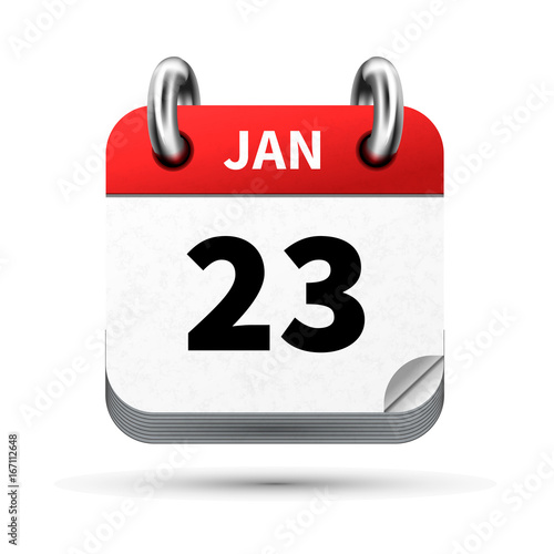 Bright realistic icon of calendar with 23 january date isolated on white