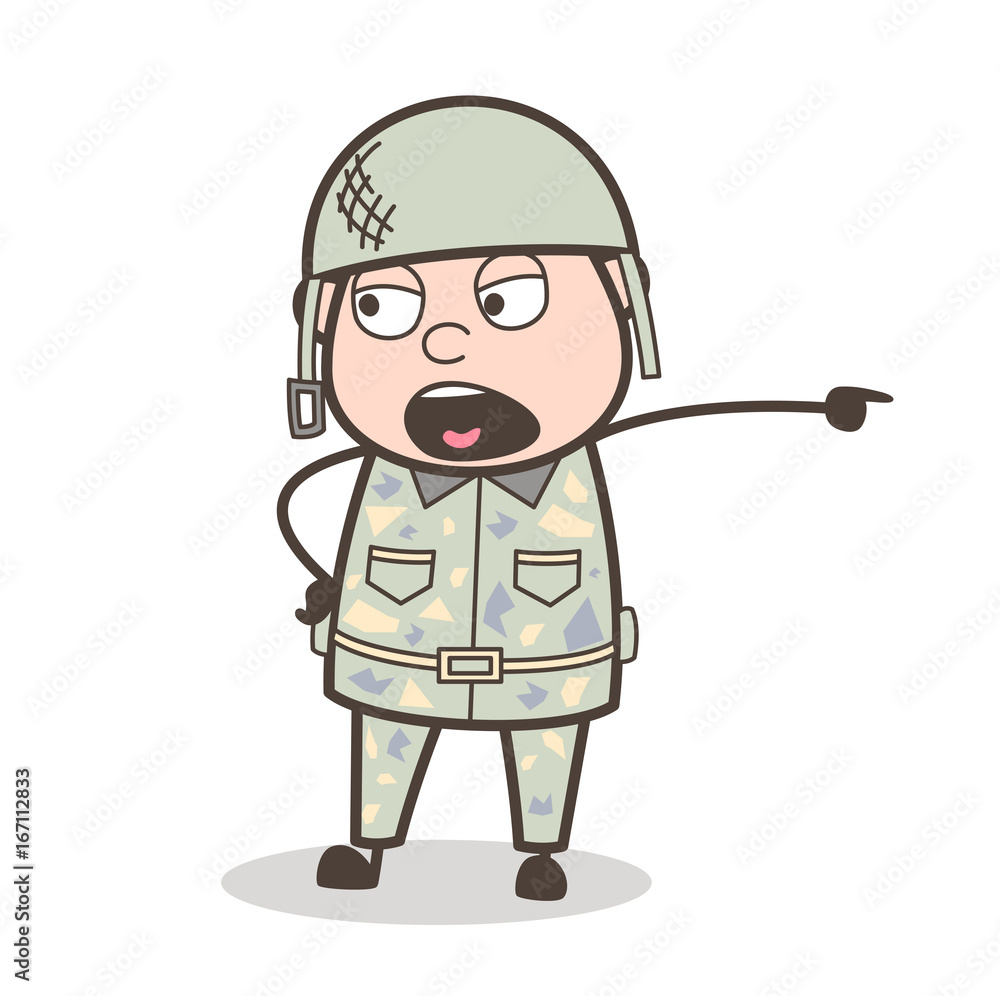 Cartoon Army Man Very Rudely Giving an Order Vector Illustration