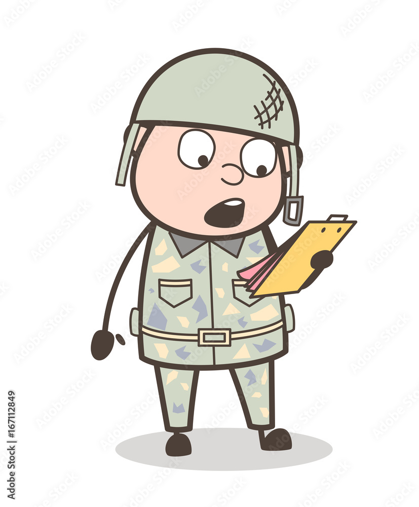 Cartoon Army Man Surprised After Reading Notes Vector Illustration