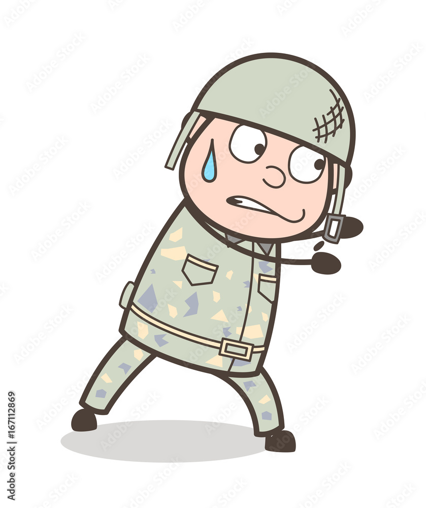 Cartoon Army Man Pushing Pose Vector Illustration