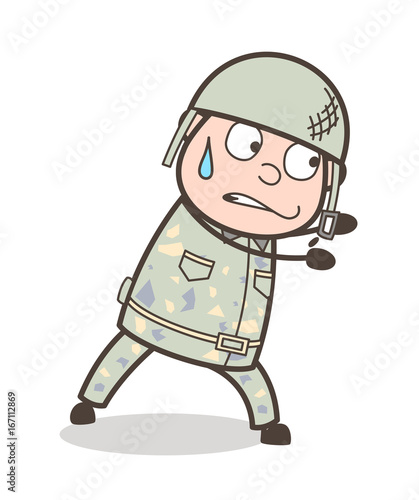 Cartoon Army Man Pushing Pose Vector Illustration