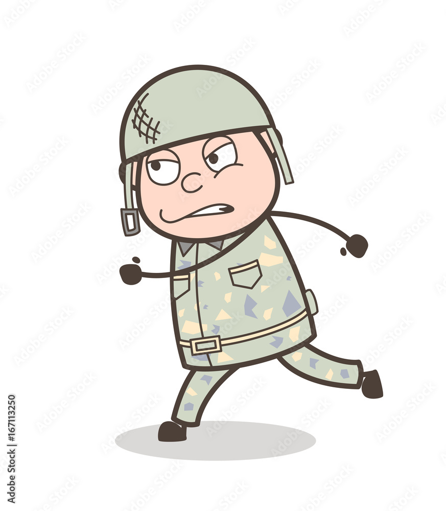 Cartoon Army Man Running in Aggression Vector Illustration Cartoon Army Man Running in Aggression Vector Illustration