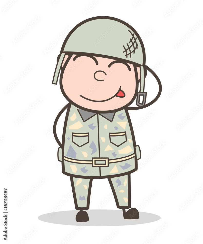 Cartoon Funny Army Man Stuck-Out Tongue and Blushing Face Vector Illustration Cartoon Funny Army Man Stuck-Out Tongue and Blushing Face Vector Illustration