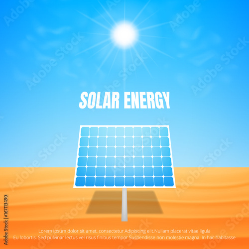 Solar energy concept. Solar panel under the sun on the desert. Alternative energy illustration