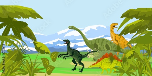 Dinosaurs walking vector illustration, prehistoric age landscape © Massaget