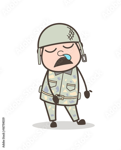 Cartoon Funny Cadet Running Nose and Sleeping Face Vector Illustration