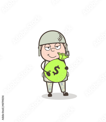 Cartoon Army Man Holding a Money Bag Vector Illustration