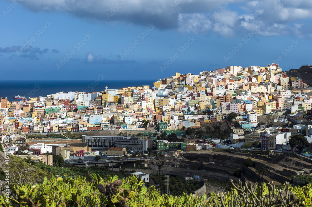 The colorful district of San Fransisco de Las Palmas Gran Canaria in the warm late evening light.