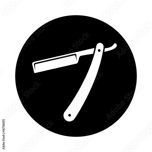Straight razor circle icon. Black, round, minimalist icon isolated on white background. Straight razor simple silhouette. Web site page and mobile app design vector element.
