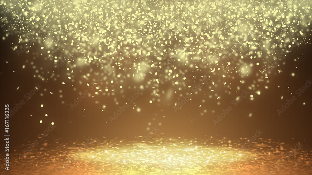Dark Gold sparkle rays lights with bokeh elegant show on stage  abstract background. Dust sparks background. - obrazy, fototapety, plakaty 
