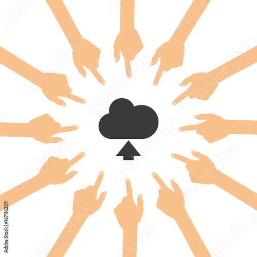 Viele Hände zeigen auf - Cloud - Upload
