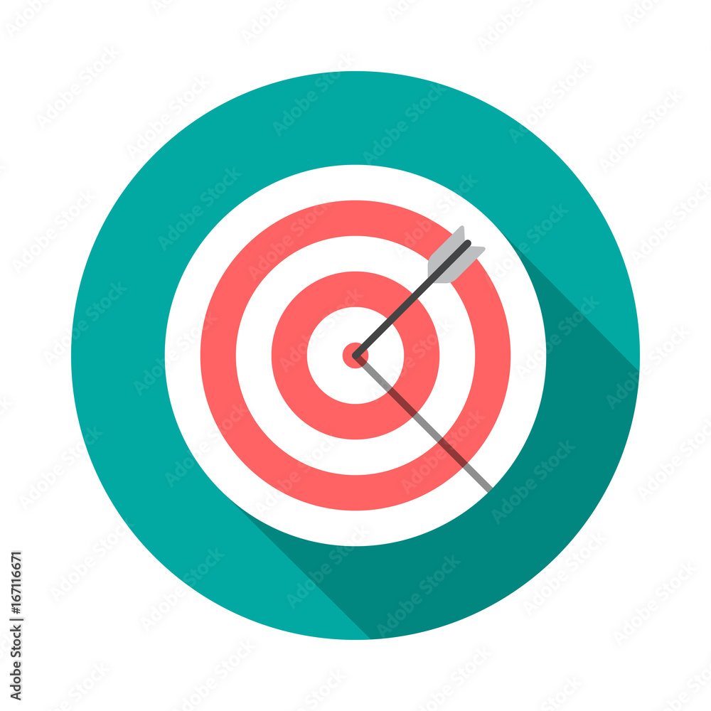 Target circle icon with long shadow. Flat design style. Dartboard simple silhouette. Modern, minimalist, round icon in stylish colors. Web site page and mobile app design vector element. Target circle icon with long shadow. Flat design style. Dartboard simple silhouette. Modern, minimalist, round icon in stylish colors. Web site page and mobile app design vector element.