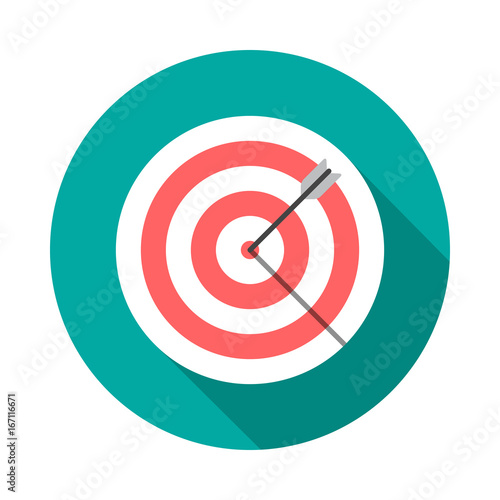 Target circle icon with long shadow. Flat design style. Dartboard simple silhouette. Modern, minimalist, round icon in stylish colors. Web site page and mobile app design vector element.