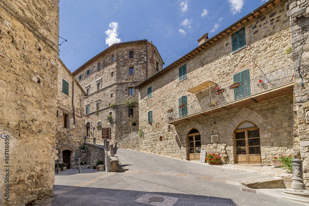 A small square in the historic center of Sarteano, Siena, Italy, in the Via del Castello area