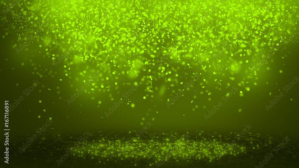 Dark Green sparkle rays lights with bokeh elegant show on stage  abstract background. Dust sparks background.
