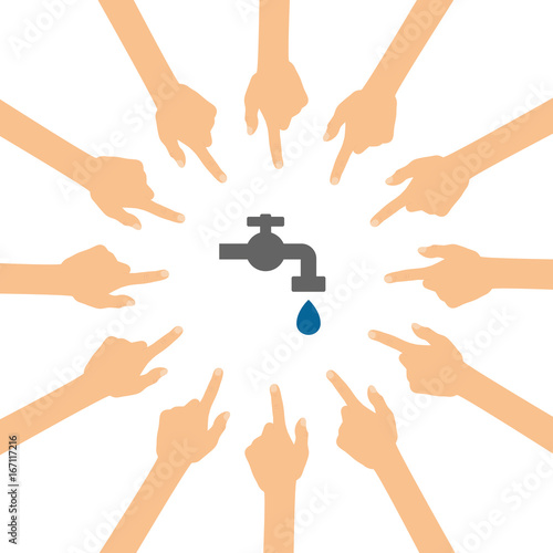 Viele Hände zeigen auf - Wasserhahn
