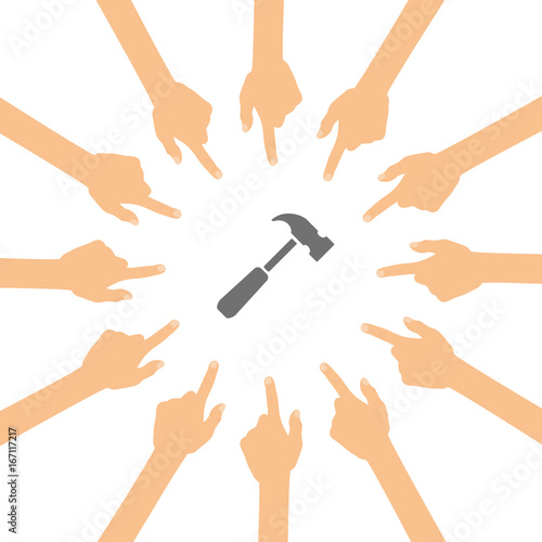 Viele Hände zeigen auf - Hammer