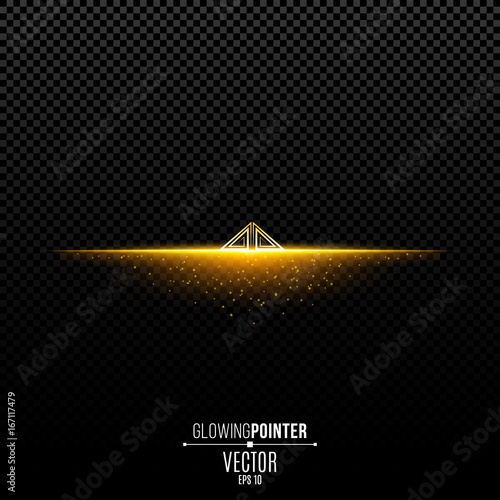 Abstract glowing golden pointer with pattern up. Magic arrow with illumination and glowing lights with particles. Pointer for the player interface. Interface Element