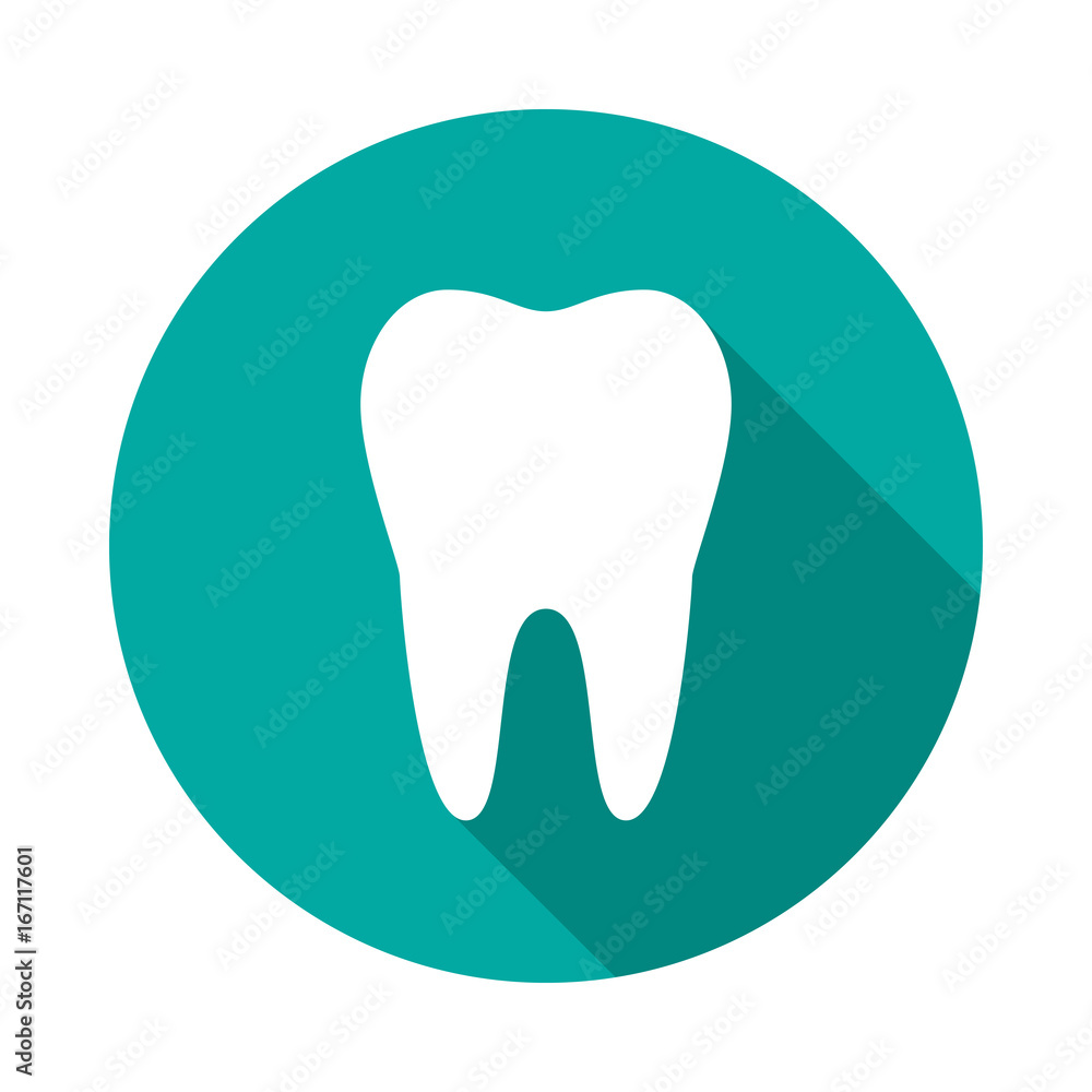 Tooth circle icon with long shadow. Flat design style. Tooth simple silhouette. Modern, minimalist, round icon in stylish colors. Web site page and mobile app design vector element. Tooth circle icon with long shadow. Flat design style. Tooth simple silhouette. Modern, minimalist, round icon in stylish colors. Web site page and mobile app design vector element.