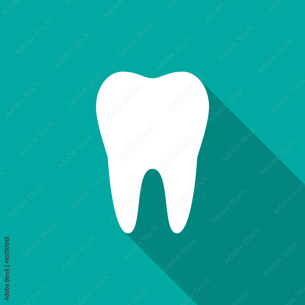 Tooth icon with long shadow. Flat design style. Tooth simple silhouette. Modern, minimalist icon in stylish colors. Web site page and mobile app design vector element. Tooth icon with long shadow. Flat design style. Tooth simple silhouette. Modern, minimalist icon in stylish colors. Web site page and mobile app design vector element.