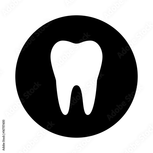 Tooth circle icon. Black, round, minimalist icon isolated on white background. Tooth simple silhouette. Web site page and mobile app design vector element.