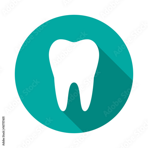 Tooth circle icon with long shadow. Flat design style. Tooth simple silhouette. Modern, minimalist, round icon in stylish colors. Web site page and mobile app design vector element.