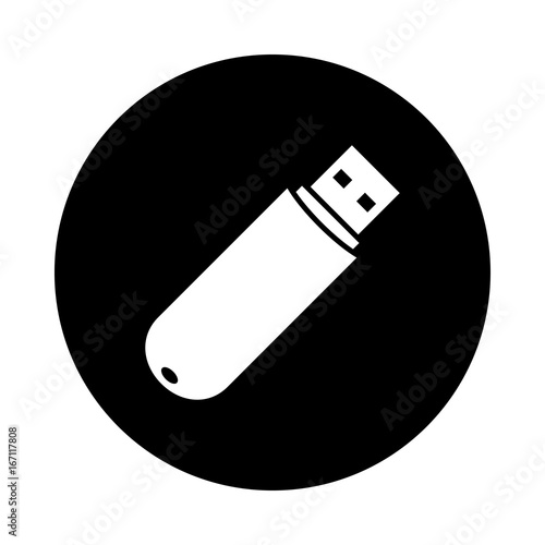 USB flash drive circle icon. Black, round, minimalist icon isolated on white background. USB flash drive simple silhouette. Web site page and mobile app design vector element.