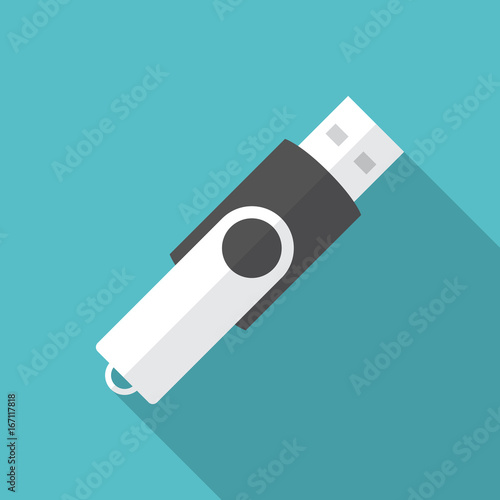 USB flash drive icon with long shadow. Flat design style. USB flash drive simple silhouette. Modern, minimalist icon in stylish colors. Web site page and mobile app design vector element.