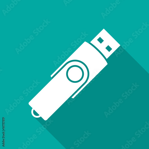 USB flash drive icon with long shadow. Flat design style. USB flash drive simple silhouette. Modern, minimalist icon in stylish colors. Web site page and mobile app design vector element.