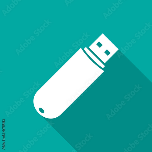 USB flash drive icon with long shadow. Flat design style. USB flash drive simple silhouette. Modern, minimalist icon in stylish colors. Web site page and mobile app design vector element.