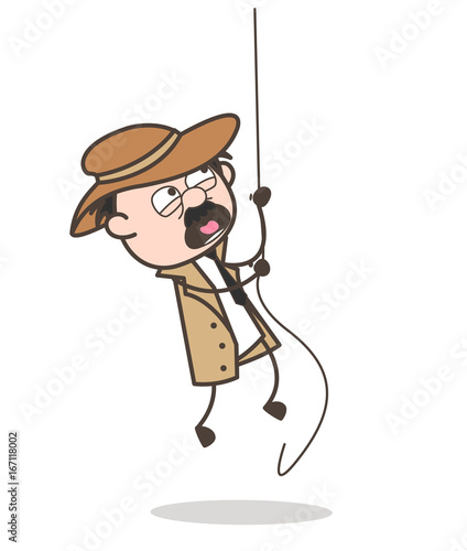 Cartoon Detective Climbing Rope in Training Vector Illustration