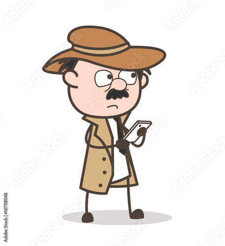 Cartoon Detective Chatting on Mobile Vector Illustration