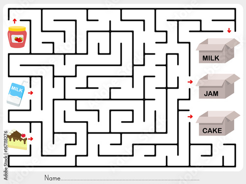 Maze game: Pick jam, milk and cake to box - worksheet for education