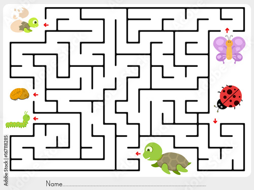 Maze game: Match animal, butterfly ladybug and turtle finding the baby - worksheet for education