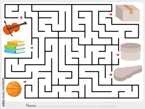 Maze game: Pick violin, books and ball to box - worksheet for education