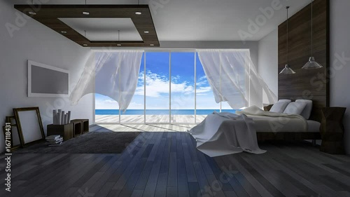 3ds rendering  footage of blowing blind in seaside room in day time, White fabric curtains being blown by wind from the sea. Cinemagraph style