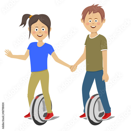 Young teenagers couple riding self balancing unicycle electric scooters