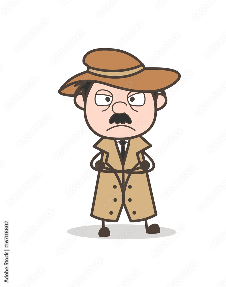 Cartoon Aggressive Detective Face Expression Vector Illustration