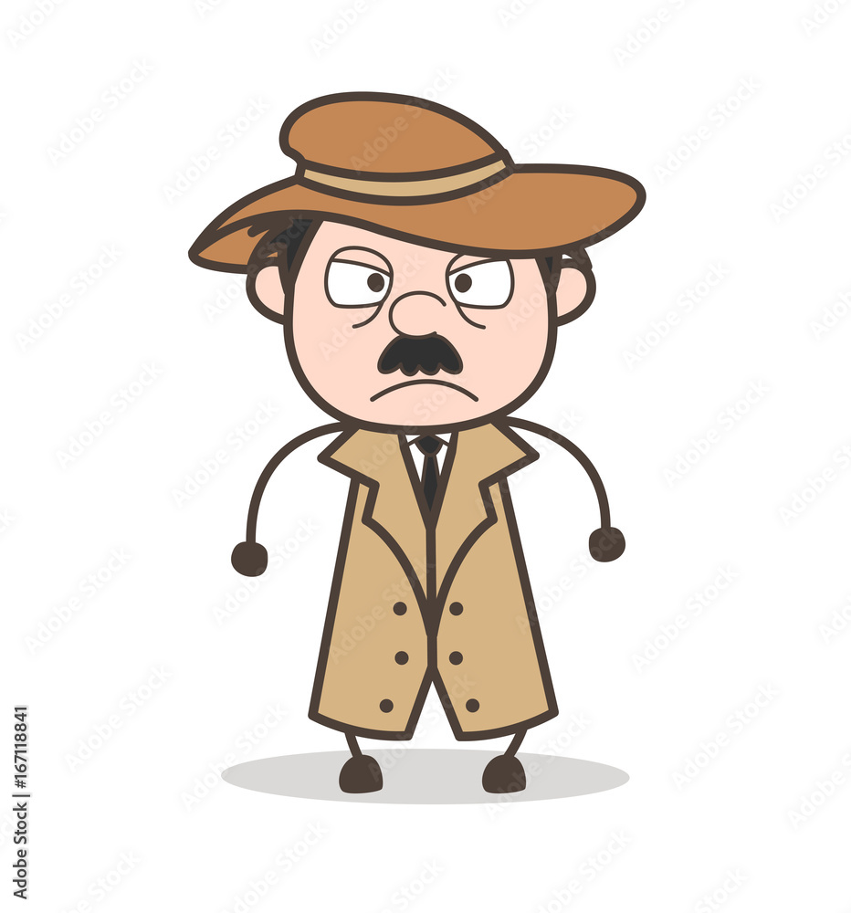 Cartoon Aggressive Detective Face Expression Vector Illustration