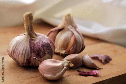 Garlic on wood  chopping board